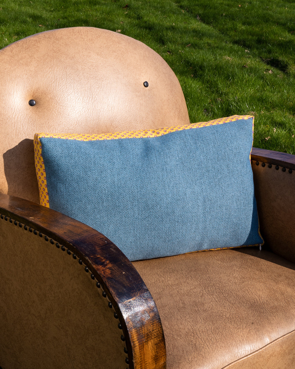 Pillow made from designer fabrics, deadstock fabrics, vintage fabrics, antique fabrics. Blue panama weave fabric.