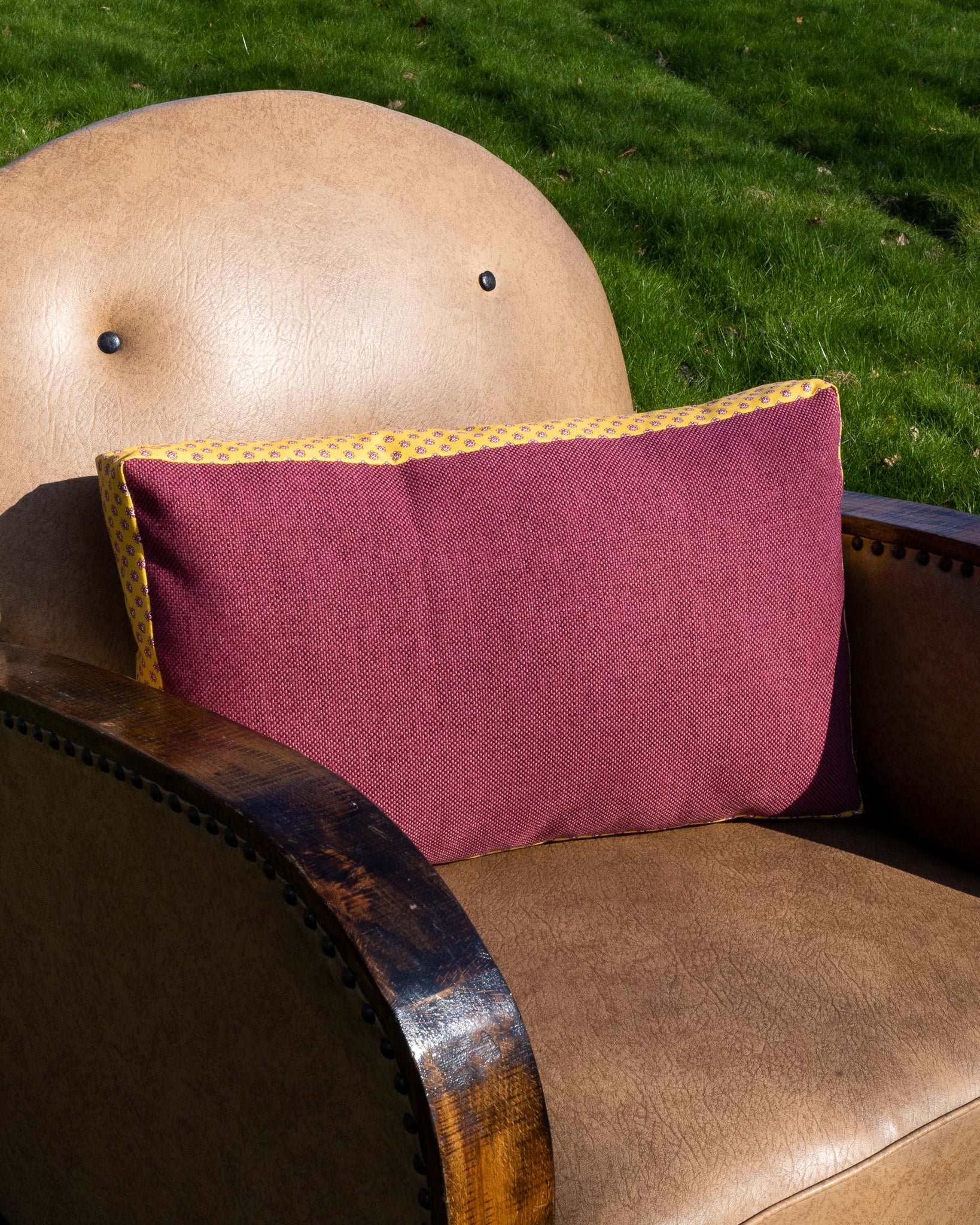 Pillow made from designer fabrics, deadstock fabrics, vintage fabrics, antique fabrics. Warm pink/red panama weave fabric.