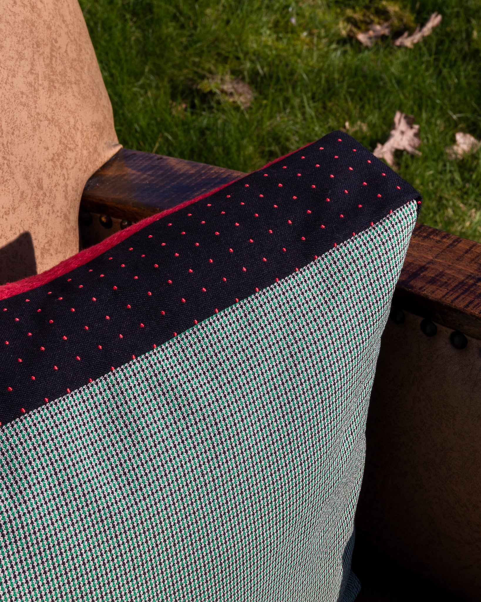 Pillow made from designer fabrics, deadstock fabrics, vintage fabrics, antique fabrics. Walter Van Beirendonck, Shades and a Haider Ackermann fabric border.